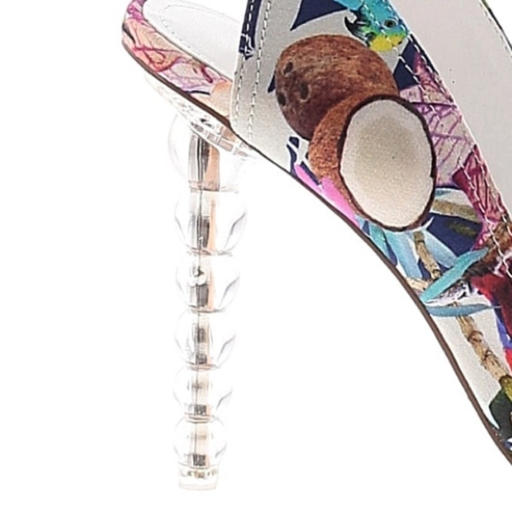 PRIVILEGED ~ Multi-colored w/tropical print and unique, clear sculptural 5” heel - Picture 5 of 9